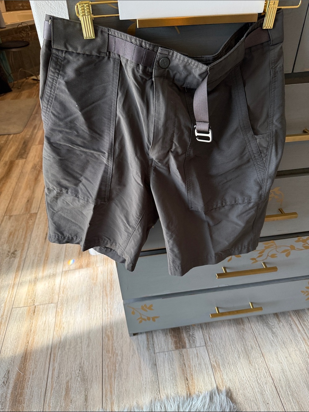 REI Men's Charcoal Hybrid Shorts with Integrated Webbing Belt
